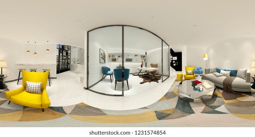 360 Degrees Home Interior, Living Room and Dining Room. Rendering 3D.