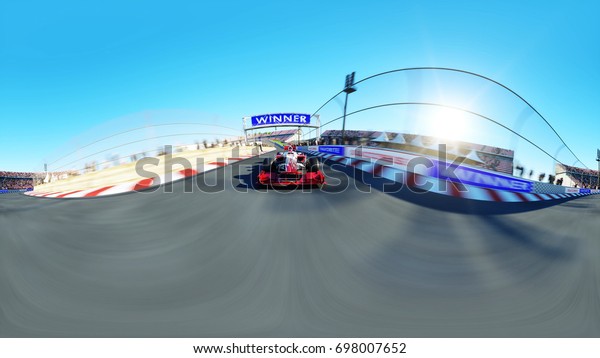 360 degrees, spherical video. Race car. Very\
fast driving 3d\
rendering.