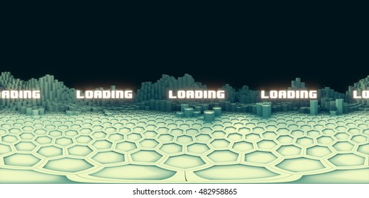 360 VR Loading Screen with Glowing Text and graphic Hexagonal Landscape resembling virtual  mountains in the distance - 3D Illustration