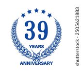 39 years anniversary logo illustration design in blue color isolated on white background.