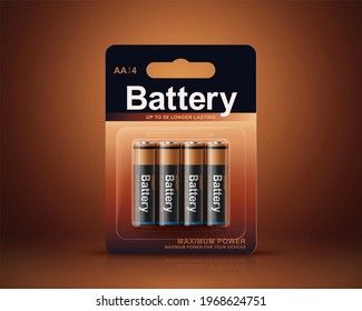 3d AA Or AAA Battery Package Design. Batteries In Transparent Blister Pack Mock Up. Package Element Isolated On Copper Background.