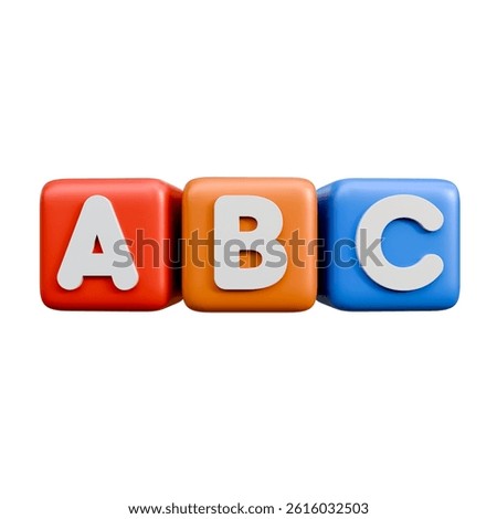3D abc cubes. Different colored children's toys made of plastic in the shape of squares on a white background with the image of letters. Elements of play and learning.