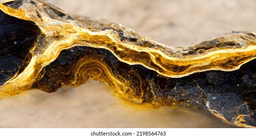 3d Abstract Art 3d Background With Part Of Surreal Black Gem Stone Mineral With Glowing Gold Wavy Curve Parts Inside With Depth Of Field Effect