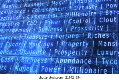 3D abstract background of 1000 dollars bills stacked with random words