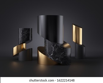 3d Abstract Black Gold Minimalist Background, Cut Cylinder Blocks, Isolated Objects, Black Marble Stone Texture, Fashion Elements, Simple Clean Style, Premium Design