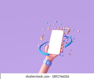 3D Abstract Cartoon Hand Holding Phone With Random Floating Spheres, Minimal Smartphone Mockup. 3d Render Illustration