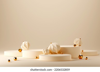 3D abstract Christmas light background with beige geometric Christmas ornaments, golden balls and podium for product display. Product showcase mockup with Christmas decoration. 3d render - Powered by Shutterstock