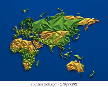 3d abstract colorful faceted map, global geographic background, Eurasia Australia and Africa 