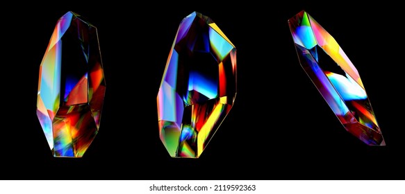 3d Abstract Colorful Gemstone Isolated On Black, Futuristic Crystals Set, 3d Rendering