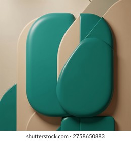 3D abstract composition with rounded teal shapes, layered beige panels, soft lighting, smooth shadows, minimal futuristic design, clean background, depth and perspectiv
