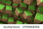 3D Abstract cubes. Video game geometric mosaic waves pattern. Construction of hills landscape using brown and green grass blocks. Concept of game minecraft