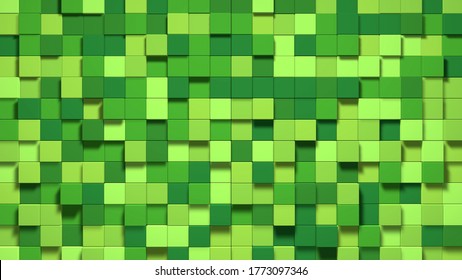3D Abstract cubes. Video game geometric mosaic waves pattern. Construction of hills landscape using  green grass blocks