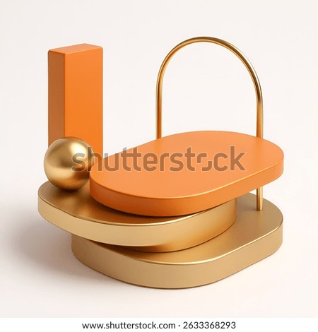 3D abstract geometric composition with modern shapes in orange and gold. Includes stacked platforms, a vertical block, a metallic arch, and a golden sphere on a neutral background