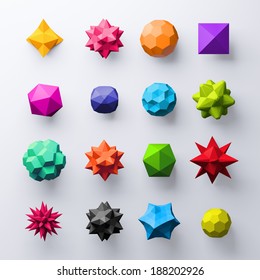 3d Abstract Geometrical Colorful Shapes, Isolated Faceted Objects, Gems And Beads