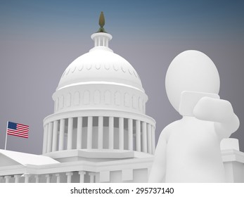 3d abstract human, white man taking selfie in front of White house in Washington