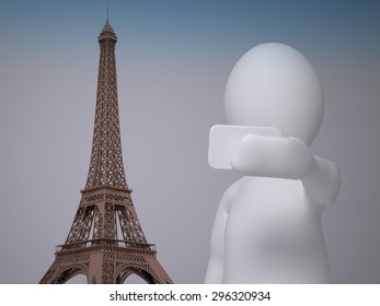 3d abstract human, white man taking selfie in front of Eiffel tower in Paris