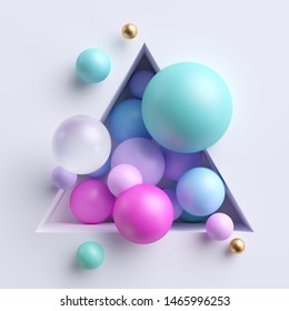 3d abstract illustration, assorted pink blue pastel balls inside triangular niche isolated on white background