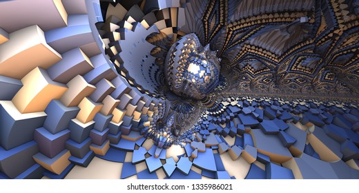 3D Abstract Landscape, Escher Style Cube Shapes Arranged Into Organic Spherical Shapes, Blue And Yellow Illustration. Computer Generated Artwork, Fractal Recursive Arrangement Of Shapes.