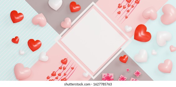 3d Abstract Minimal Geometric Forms. Pastel Of Hear Balloon And Music Note Theme For Your Design. Blank Frame For Mock Up. Happy Valentine's And Anniversary Day. Sale Background. Minimal Concept