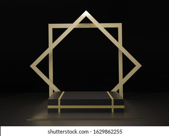 3d abstract minimal geometric forms. Glossy luxury podium for your design. Fashion show stage, shopfront. Empty scene for cosmetic. Minimalist Black theme background.