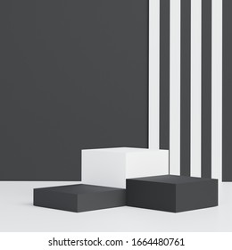 3d abstract minimal geometric forms. Glossy luxury podium for your design. Fashion show stage, shopfront. Empty scene for cosmetic. Minimalist Black theme background.