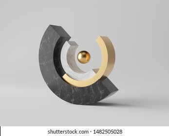 3d Abstract Minimal Modern Background, Cut Cylinder Blocks Isolated On White, Black Marble, Gold Ball, Simple Clean Design, Classy Decor, Balance Concept