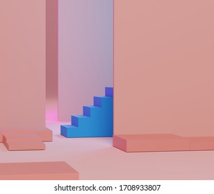 3d abstract minimalist geometric forms  Pink gradients luxury podium   blue stair for your design in trendy  Empty scene for  mock up 