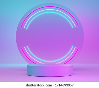 3d abstract minimalist geometric forms. Neon light of premium podium for your design in trendy. Fashion show stage,pedestal, shopfront with Blue- purple theme. Empty scene for  mock up.