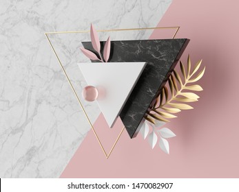 3d abstract modern minimal background, white triangular canvas, black marble texture, pink glass ball, golden triangle, geometric fashion decor, paper palm leaves, simple clean design, blank mockup