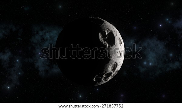 3d abstract moon with\
galaxy in background and sharp sun light shadows. Lunar craters and\
bumps. 