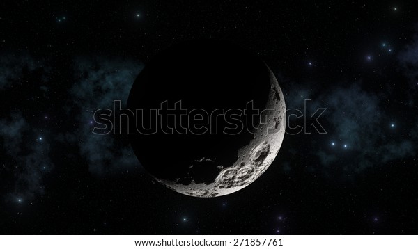 3d abstract moon with\
galaxy in background and sharp sun light shadows. Lunar craters and\
bumps. 
