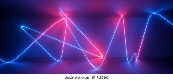 3d Abstract Neon Background, Chaotic Wavy Line, Trajectory Path Glowing In Ultraviolet Light, Violet Blue Red Laser Rays