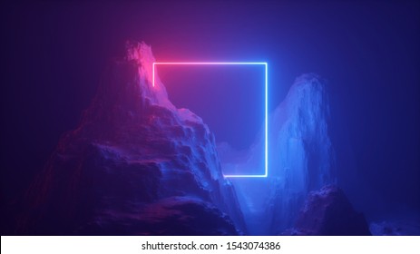 3d Abstract Neon Background. Cosmic Landscape, Terrain At Night, Foggy Rocks, Ground. Square Blank Frame, Copy Space. Red Blue Light, Virtual Reality, Energy Source, Laser Ring.