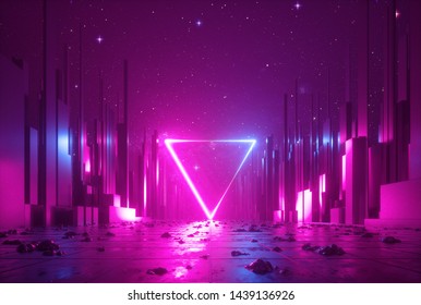 3d abstract neon background, cyber space virtual reality scene, glowing triangular shape portal at the end of the street, fantastic city, minimal skyscrapers, post apocalyptic urban concept, night sky