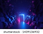 3d abstract neon background, glowing rectangular frame in cyber space, fantastic scene in virtual reality, road between walls of blocks under the night sky