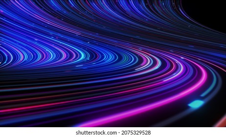 3D abstrakter Neonhintergrund Raum und Zeitfolgen, Highway-Nachtlichter. Ultraviolette Strahlen, leuchtende Linien, virtuelle Realität, Lichtgeschwindigkeit.