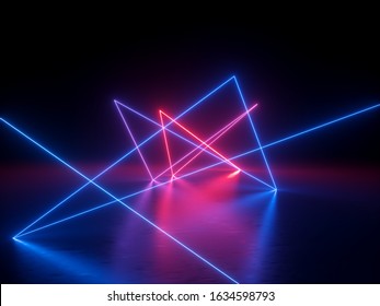 3d abstract neon light background, chaotic trajectory path glowing in ultraviolet spectrum, beam, violet blue red laser rays