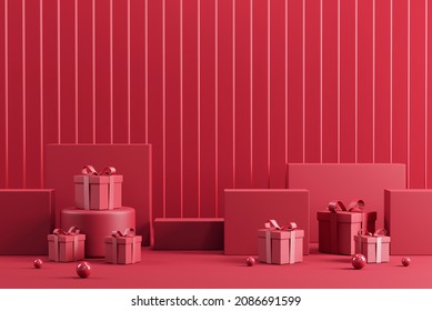 3d abstract product background for Valentine and Christmas, Podium with red gift box on red background. 3d render. Stage for product design.