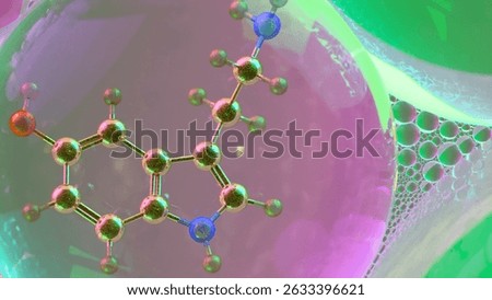 3D abstract render of serotonin molecule zoomed at atomic level inside translucent bubbles, used as scientific art background representing neurochemistry, emotion, and mental health concept