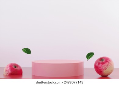 3D Abstract scene background. Cylinder podium on Pink background with leaves and apples presentation, mock up, show cosmetic product, Podium, stage pedestal or platform.