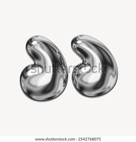 3D Abstract silver quotation mark sculptures. 3D Shiny silver forms with smooth curves. Silver quotation mark. 3D silver sculptures quotation mark. 3D illustration on white background.