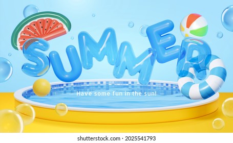 3d abstract summer background design. Suitable for seasonal sale or activity promotion. Composition of cute letter balloon and swim objects floating above a round swimming pool. - Shutterstock ID 2025541793