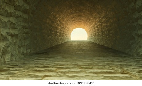 3D abstract tunnel with textured walls. light at the end of the tunnel. 3d render illustration