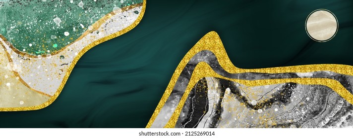 3d Abstract Wallpaper. Resin Geode And Abstract Art, Functional Art, Like Watercolor Geode Painting. Dark Green, Golden, And Gray Marble Background