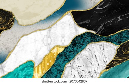 3d Abstract Wallpaper For Wall Frame .Resin Geode And Abstract Art, Functional Art, Like Watercolor Geode Painting. Golden, Blue, Turquoise, Black, Gray, White And Gray Marble Background	
