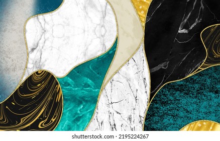 3d Abstract Wallpaper For Wall Frame .Resin Geode And Abstract Art, Functional Art, Like Watercolor Geode Painting. Golden, Blue, Turquoise, Black, Gray, White And Gray Marble Background