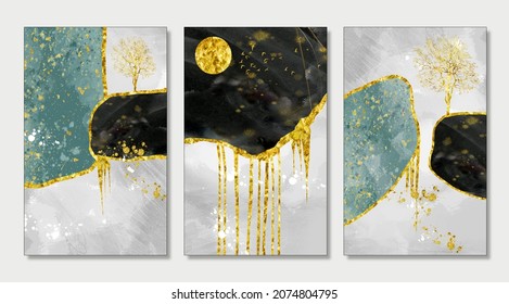 3d abstract wallpaper for wall frames   resin geode   marble art  functional art  like watercolor geode painting   golden  black  turquoise   gray marble background and moon  birds   trees	