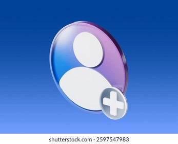 3D Add user avatar Create group symbol. New profile account. People blue icon and plus. Human, person trendy and modern in 3d style. 3d render icon