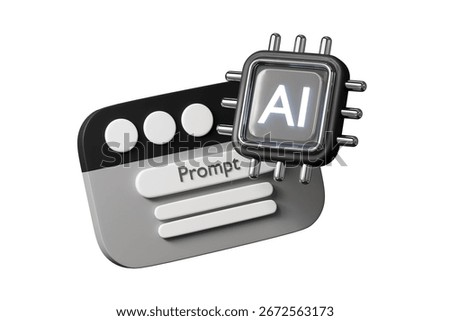 3d AI chip with browser window prompt icon. artificial intelligence and prompt engineering concept. Minimal cartoon ai technology for generative content isolated on white background. 3d render.