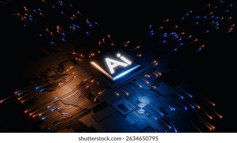 3D "Ai" chip processes data on a futuristic circuit board, as glowing blue and orange light streams illustrate connectivity and energy flow.